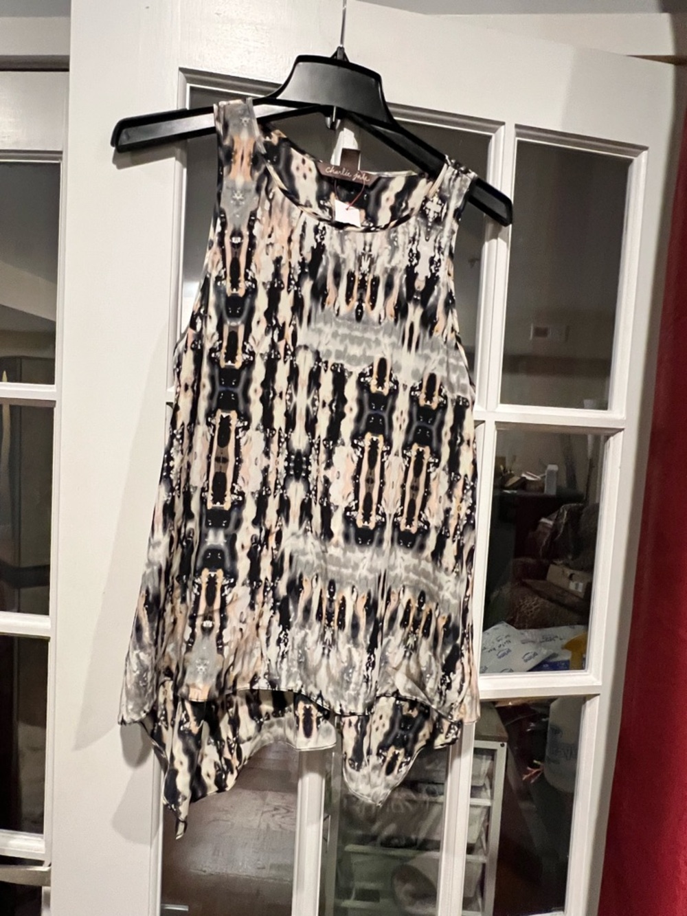 charlie jade Abstract Ikat-Style High-Low Tank in Black, Cream & Taupe